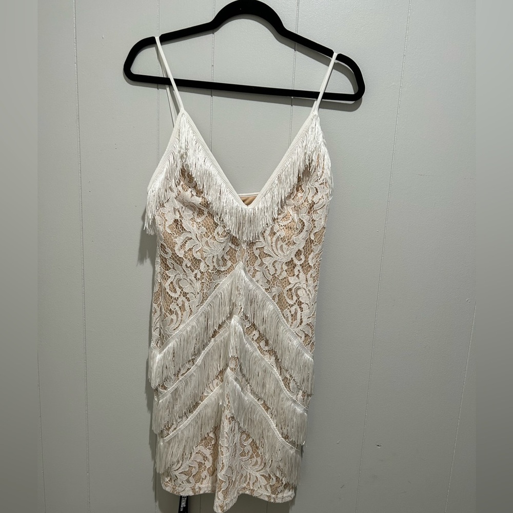 NWT Pretty Little Thing White Strappy Lace Tassell Detail Bodycon Dress